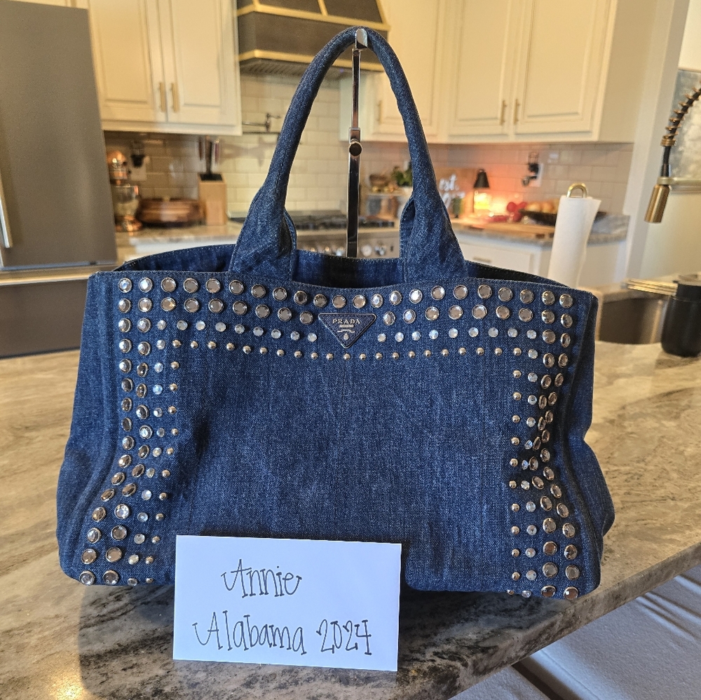 Prada Large Canapa Studded Denim Handbag Tote